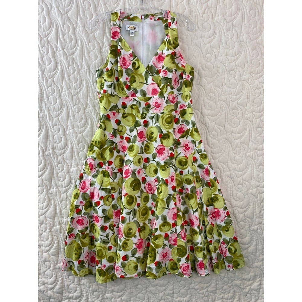 Talbots Floral Fit and Flare Dress Green Pink Womens 14 Sleeveless Rose Print